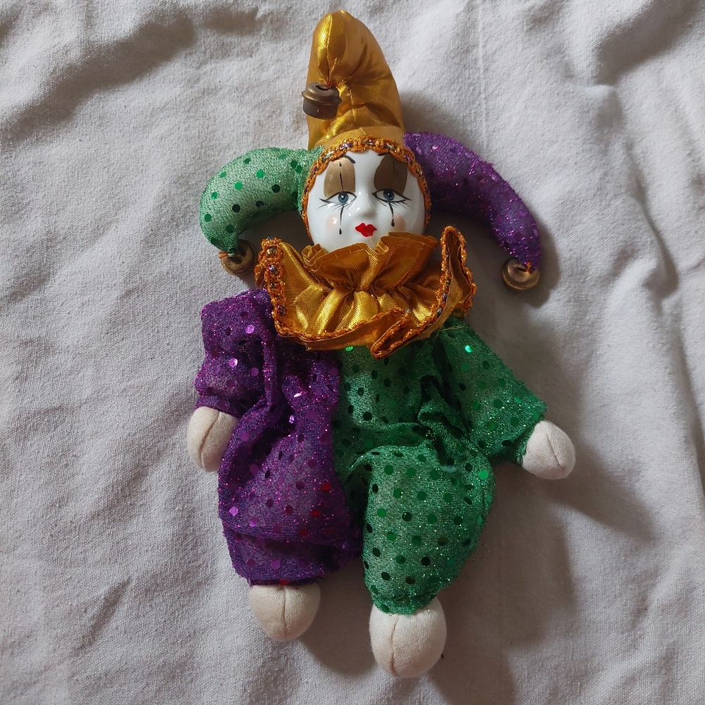 Vintage Colorful Jester Clown Doll - Green, Purple, and Gold